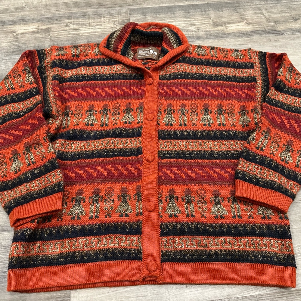 Peruvian Baby Alpaca Sweater Cardigan Orange Southwestern Llama Pattern